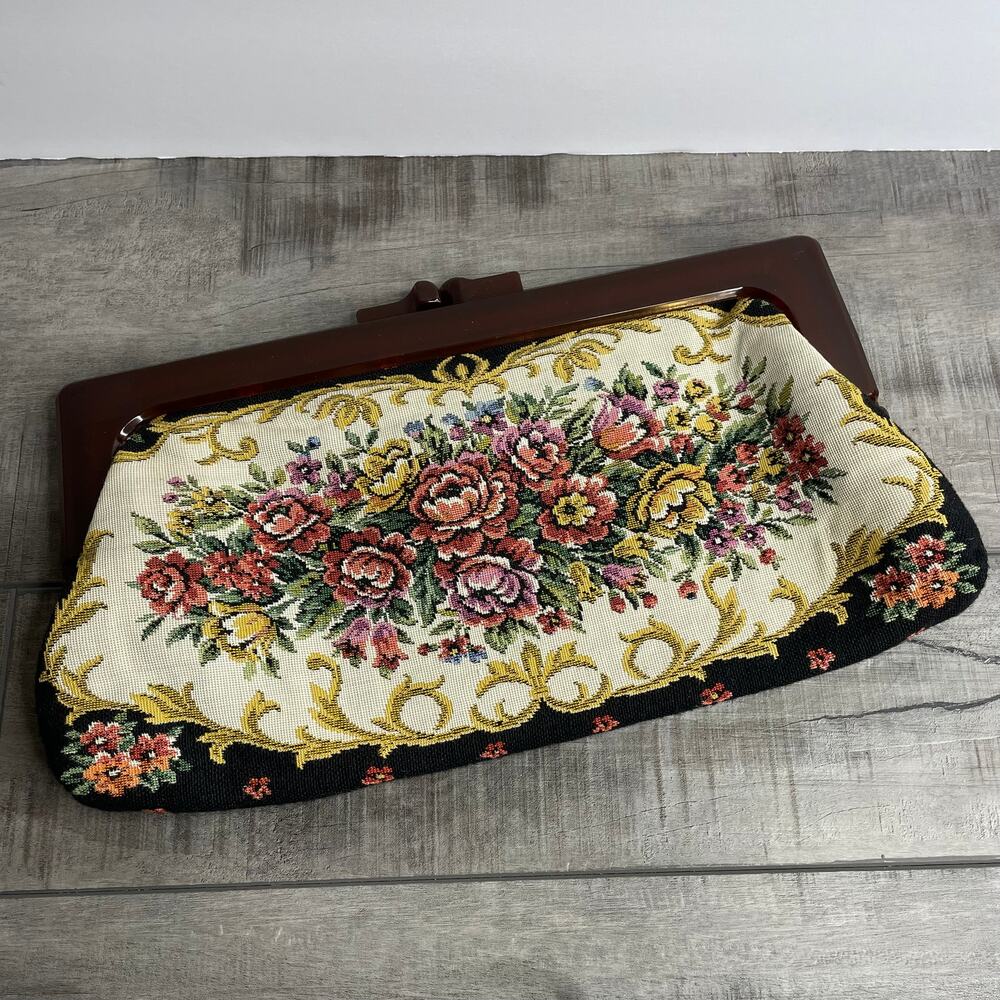 Vintage Floral Rose Tapestry Clutch Purse Brown Plastic Handle Hong Kong